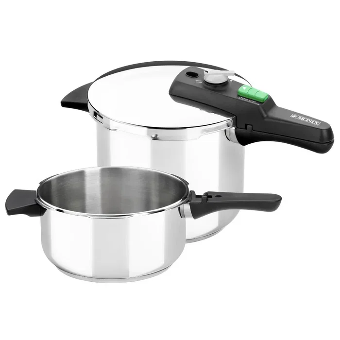 Monix Olla a Presión Rápida Quick M560005 10 L (4 L + 6 L) Acero Inoxidable 18/10, Triple Fondo, Triple Seguridad, Apta para Inducción