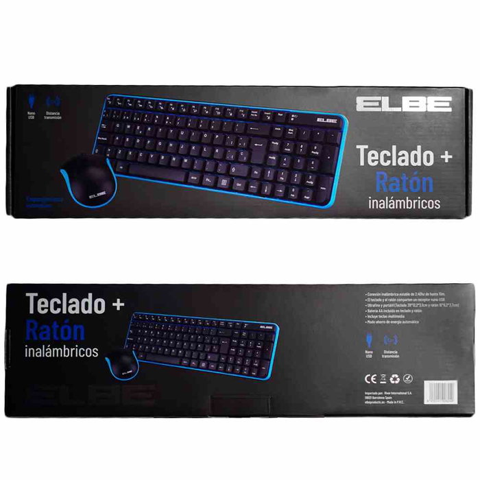 Elbe PTR-101 Pack Teclado y Ratón Inalámbricos Azul-Negro con Receptor Nano USB