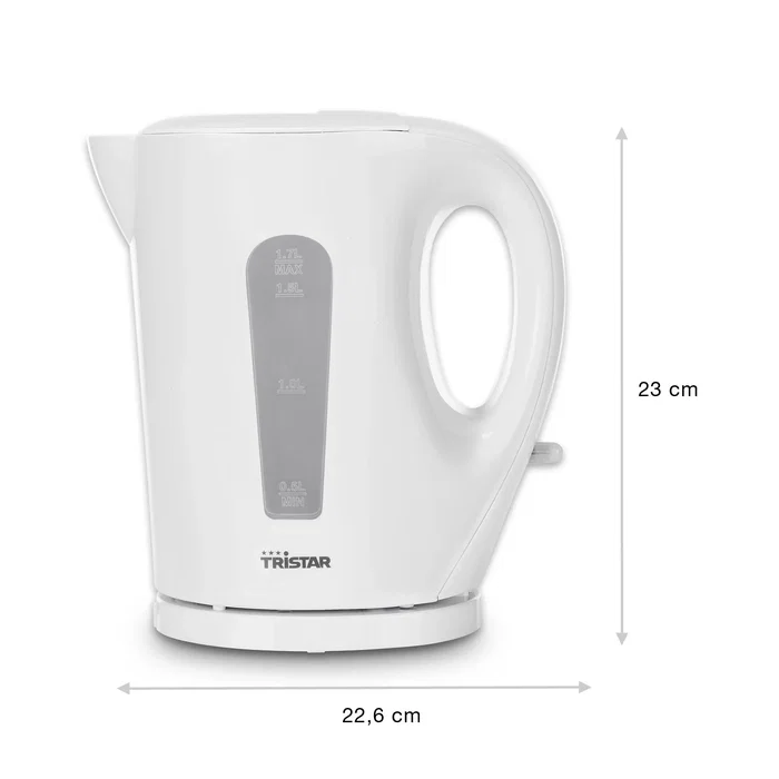 Tristar WK-3380 Hervidor Eléctrico de Agua, 1.7 Litros de Capacidad, 2200W de Potencia, Blanco, Apagado Automático, Filtro Antical y Base Antideslizante