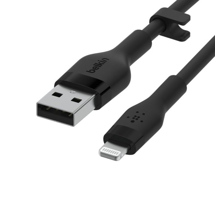 Belkin CAA008BT1MBK Cable USB-A a Lightning de 1m con Clip Organizador, Revestimiento de Silicona Flexible, Negro - Compatible con iPhone, iPad