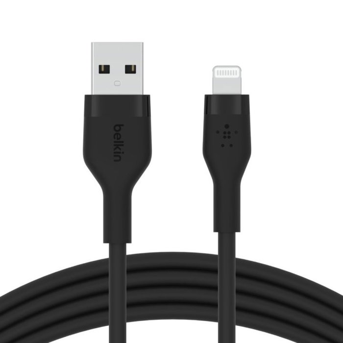 Belkin CAA008BT1MBK Cable USB-A a Lightning de 1m con Clip Organizador, Revestimiento de Silicona Flexible, Negro - Compatible con iPhone, iPad