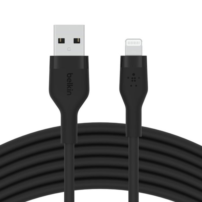 Belkin CAA008BT1MBK Cable USB-A a Lightning de 1m con Clip Organizador, Revestimiento de Silicona Flexible, Negro - Compatible con iPhone, iPad