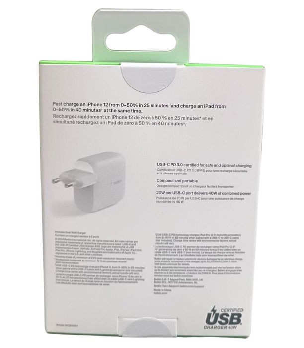 Belkin WCB006VFWH Cargador de Pared 40W BOOST CHARGE, Dual Puerto USB-C PD 3.0, Carga Rápida para Móvil y Tablet, Color Blanco