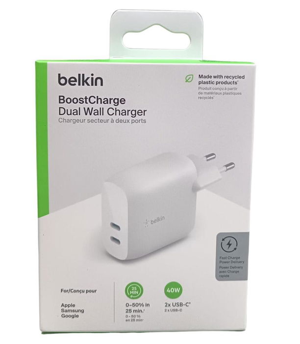 Belkin WCB006VFWH Cargador de Pared 40W BOOST CHARGE, Dual Puerto USB-C PD 3.0, Carga Rápida para Móvil y Tablet, Color Blanco