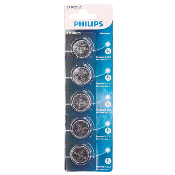 Philips Pack de 5 Pilas de Botón CR2025P5/01B Litio 3V
