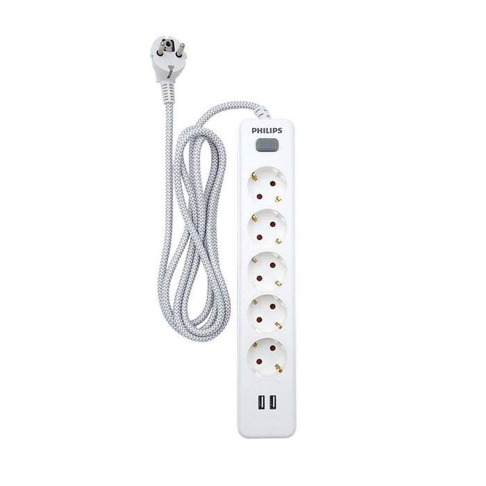 Philips Spn3052wa/10 Base Múltiple 5 Tomas Schuko con Interruptor y 2 USB a 2.4A, Cable 2m, Blanco Philips Spn3052wa/10 Base Múltiple 5 Tomas Schuko con Interruptor y 2 USB a 2.4A, Cable 2m, Blanco