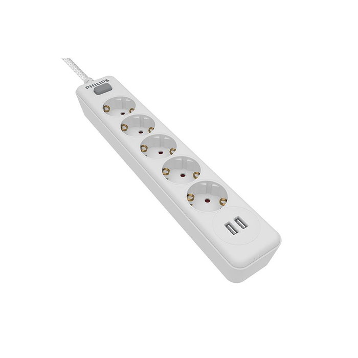 Philips Spn3052wa/10 Base Múltiple 5 Tomas Schuko con Interruptor y 2 USB a 2.4A, Cable 2m, Blanco Philips Spn3052wa/10 Base Múltiple 5 Tomas Schuko con Interruptor y 2 USB a 2.4A, Cable 2m, Blanco