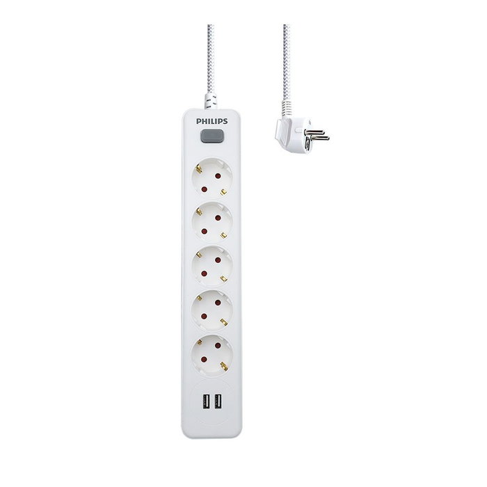 Philips Spn3052wa/10 Base Múltiple 5 Tomas Schuko con Interruptor y 2 USB a 2.4A, Cable 2m, Blanco Philips Spn3052wa/10 Base Múltiple 5 Tomas Schuko con Interruptor y 2 USB a 2.4A, Cable 2m, Blanco