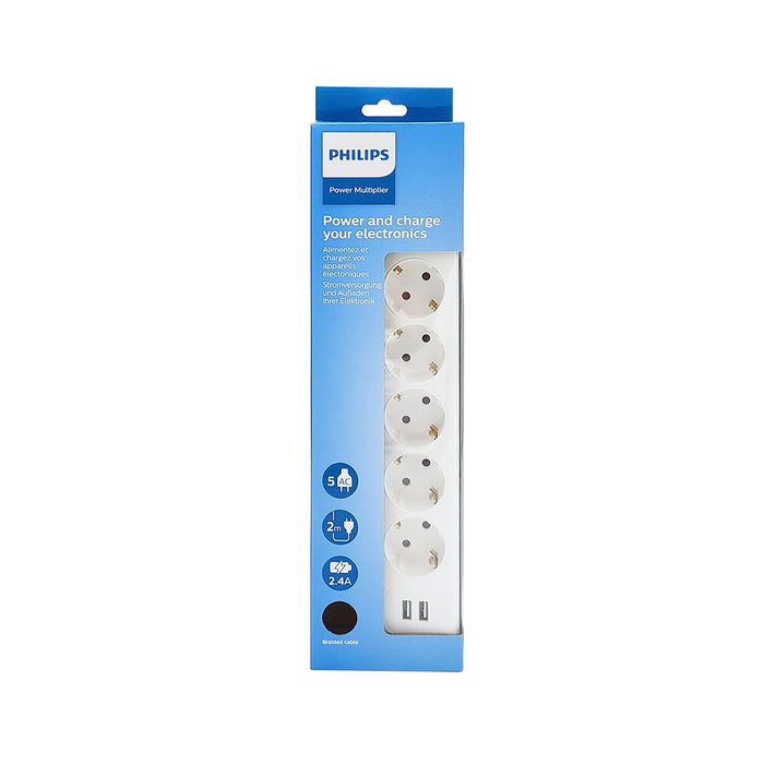 Philips Spn3052wa/10 Base Múltiple 5 Tomas Schuko con Interruptor y 2 USB a 2.4A, Cable 2m, Blanco Philips Spn3052wa/10 Base Múltiple 5 Tomas Schuko con Interruptor y 2 USB a 2.4A, Cable 2m, Blanco