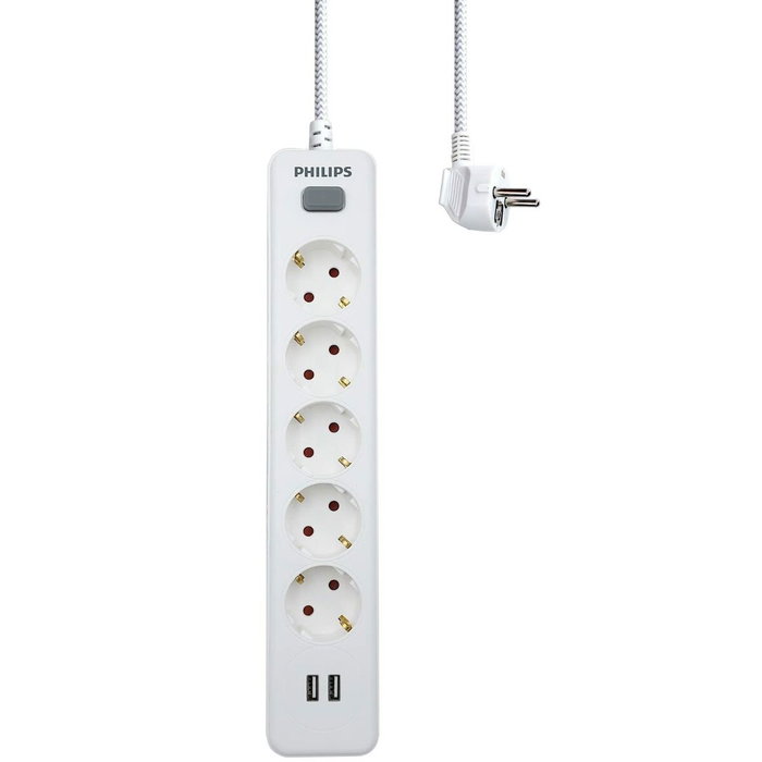 Philips Base múltiple con 5 tomas Schuko, 2 USB y cable de 2 m, blanca