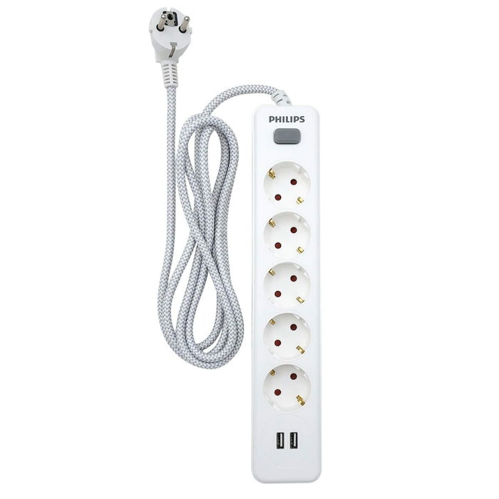 Philips Base múltiple con 5 tomas Schuko, 2 USB y cable de 2 m, blanca