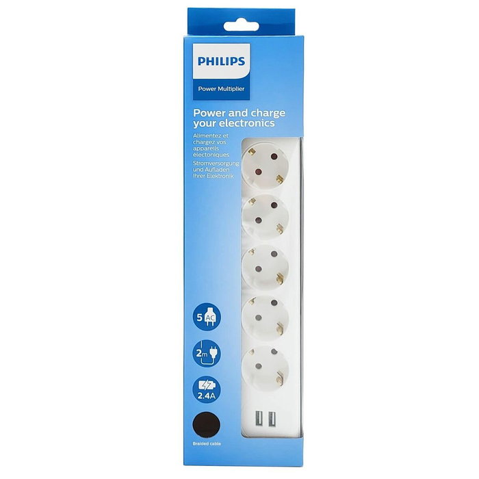 Philips Base múltiple con 5 tomas Schuko, 2 USB y cable de 2 m, blanca