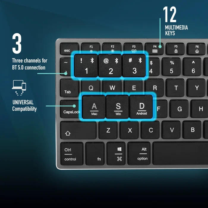 NGS Fortune-BT Teclado Inalámbrico Multidispositivo Bluetooth 5.0 Recargable Gris. Diseño Slim y Teclas X-Type Silenciosas de Aluminio