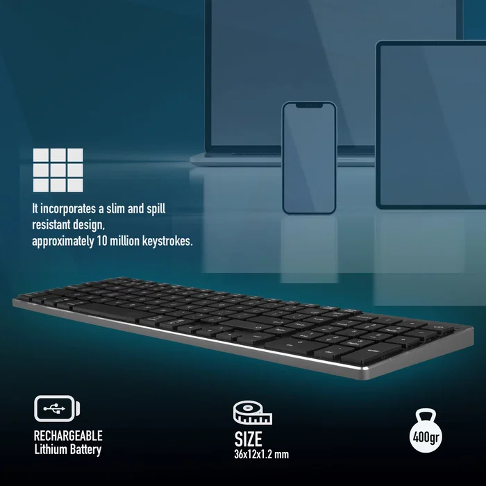 NGS Fortune-BT Teclado Inalámbrico Multidispositivo Bluetooth 5.0 Recargable Gris. Diseño Slim y Teclas X-Type Silenciosas de Aluminio