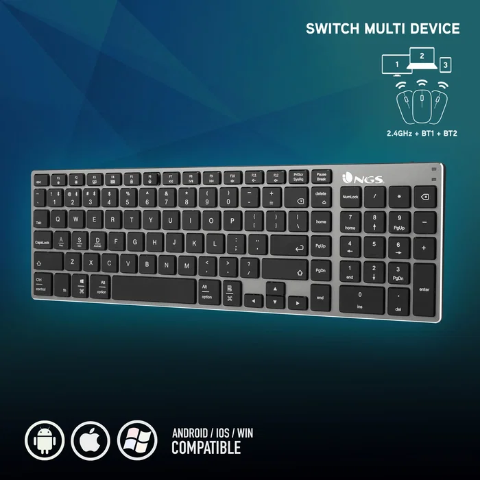 NGS Fortune-BT Teclado Inalámbrico Multidispositivo Bluetooth 5.0 Recargable Gris. Diseño Slim y Teclas X-Type Silenciosas de Aluminio