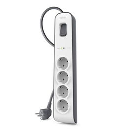 Belkin Regleta de Protección Contra Sobretensiones con 4 Tomas, Botón de Encendido/Apagado, Cable de 2 Metros, Color Blanco-Gris