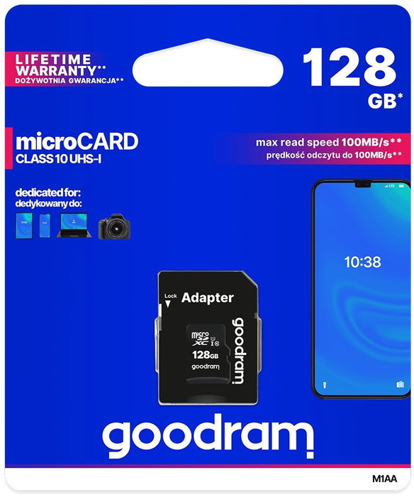 Goodram Tarjeta de Memoria MicroSDXC UHS-I Clase 10 128GB M1AA-1280R12 con Adaptador SD Goodram Tarjeta de Memoria MicroSDXC UHS-I Clase 10 128GB M1AA-1280R12 con Adaptador SD