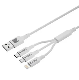 Kodak 30425835 Cable USB 3 en 1, 1m, USB A a USB-C + Micro-USB + Lightning, Blanco, 480 Mbps, Cargador y Datos