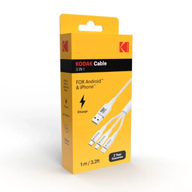 Kodak 30425835 Cable USB 3 en 1, 1m, USB A a USB-C + Micro-USB + Lightning, Blanco, 480 Mbps, Cargador y Datos