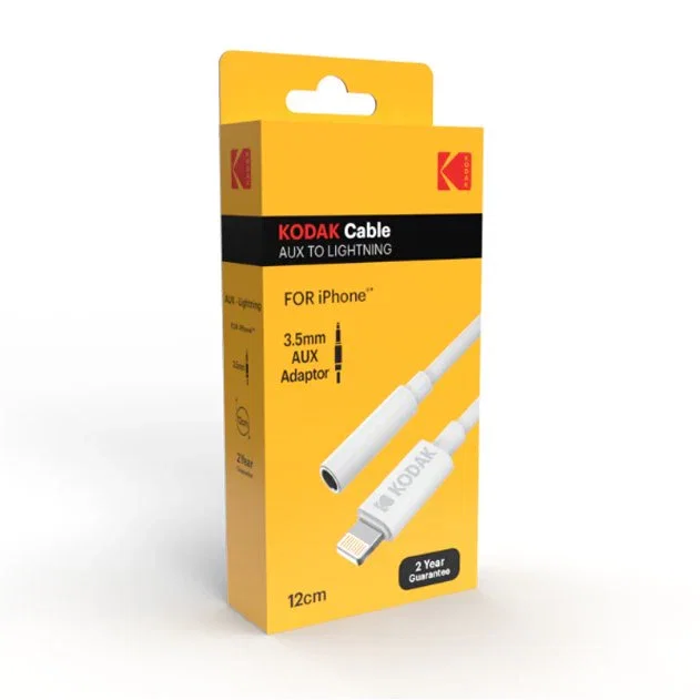 Kodak 30425842 Cable Adaptador de Audio de 3.5mm a Lightning, 0.1m (11cm), Conectores Derechos, Blanco