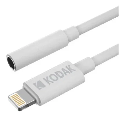 Kodak 30425842 Cable Adaptador de Audio de 3.5mm a Lightning, 0.1m (11cm), Conectores Derechos, Blanco