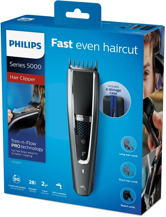 Philips HC5650/15 Cortadora de Pelo Series 5000 Recargable con Tecnología DualCut y Trim-n-Flow Pro, 28 Posiciones, 100% Lavable, Batería Litio 90 Min, Negro/Plata