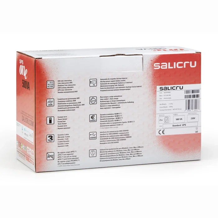 Salicru SPS ONE V2 UPS SAI Línea Interactiva 900VA / 480W Torre - 2 Salidas, AVR, USB, Gestión Software, Protección Sobretensiones