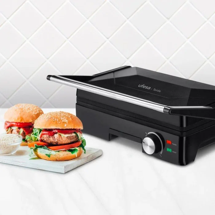 Ufesa Teide 72105210 Parrilla Eléctrica de Contacto 1600W, Placas Antiadherentes y Apertura 180º, Color Negro/Inoxidable, Grill para Carnes, Hamburguesas y Más