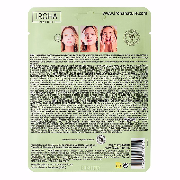 Iroha Tissue Mask Moisturizing Aloe, Green Tea, Ginseng, HA 1 u