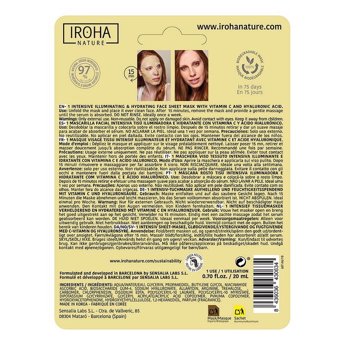 Iroha Mascarilla Facial Iluminadora con Vitamina C y Ácido Hialurónico 1 u