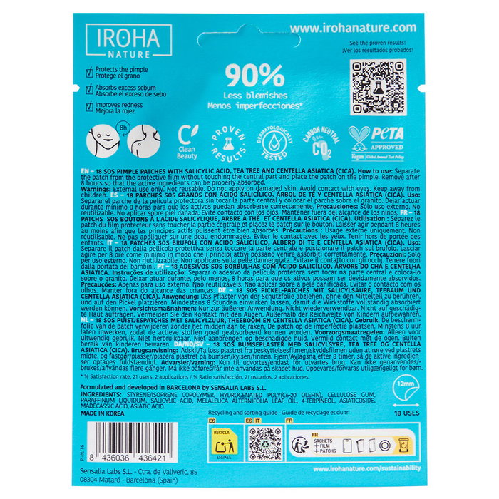 Iroha Nature SOS Pimple Patches - 18 Parches Hidrocoloides con Ácido Salicílico, Árbol de Té y Centella Asiática para Tratamiento de Acné, Granos, Poros y Puntos Negros