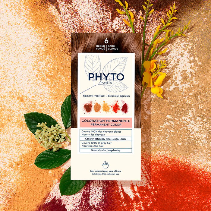Phyto Tinte Permanente de Cabello PHYTOCOLOR, Tono #6 Rubio Oscuro, Sin Amoniaco y Sin Siliconas, Cobertura 100% Canas, 4 Unidades
