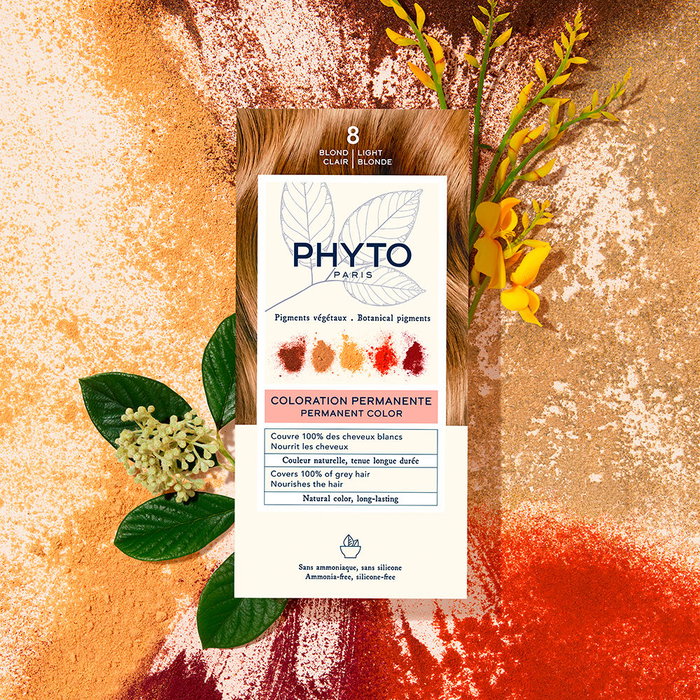 Phyto PhytoColor #8 Rubio Claro - Tinte Permanente para el Cabello Sin Amoniaco, 4 Unidades - Cobertura 100% Canas, con Pigmentos Vegetales