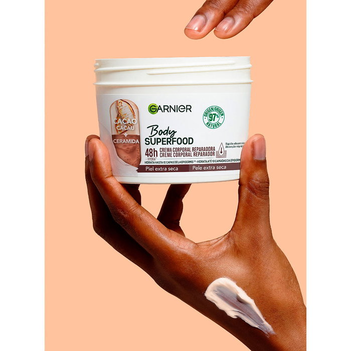 Garnier Body Superfood Crema Corporal Reparadora Cacao, Hidratación 48h para Piel Extra Seca, 97% Natural, Vegana, 380 ml