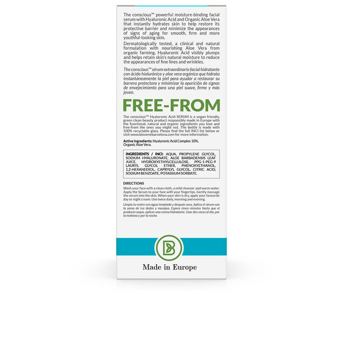 THE CONSCIOUS Sérum Facial Hidratante con Ácido Hialurónico y Aloe Vera Orgánico, Vegano, 30 ml THE CONSCIOUS Sérum Facial Hidratante con Ácido Hialurónico y Aloe Vera Orgánico, Vegano, 30 ml