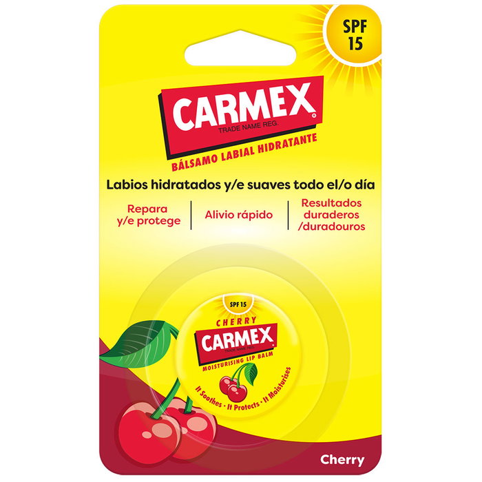 Carmex CEREYA bálsamo labial hidratante para labios agrietados, protección solar SPF15, sabor cereza, en tarro 7,5 g