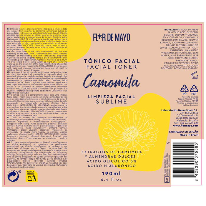 Flor De Mayo Sublime Camomila Tónico Facial Hidratante con Ácido Hialurónico y Glicólico 200 ml