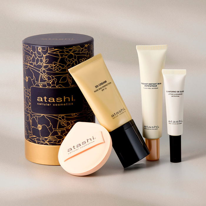Atashi Efecto Buena Cara No Make Up Estuche con DD Cream, Gel Facial, Contorno de Ojos y Esponja 4 piezas