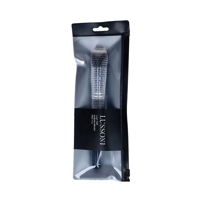 LUSSONI PRO Brocha Kabuki Plana #112 para Base Líquida y Cremosa, Brocha de Maquillaje Multifunción, Cerdas Sintéticas Densas, Mango Madera, 1 Unidad