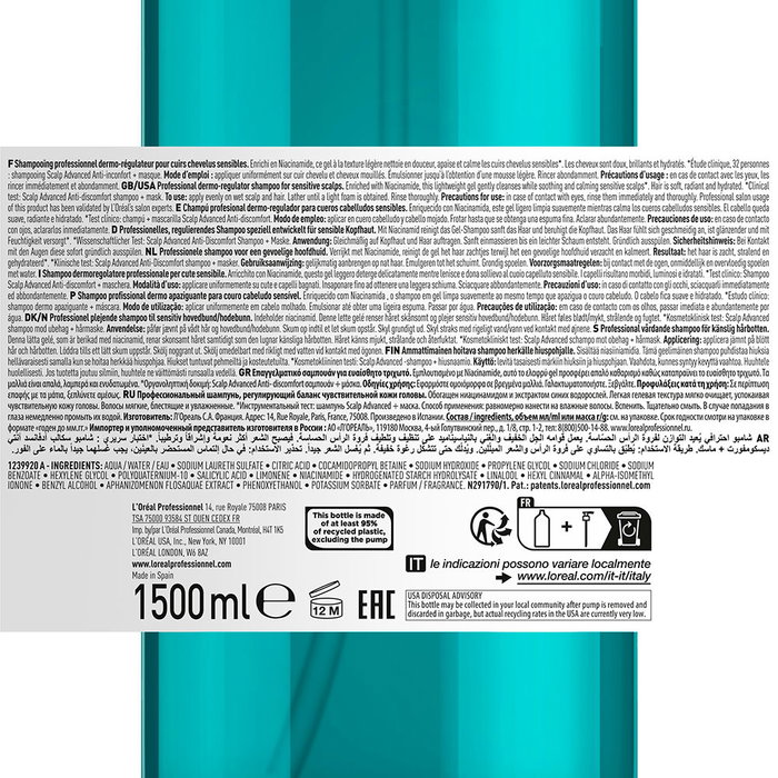L'Oréal Professionnel Paris Scalp Advanced Shampoo para Cuero Cabelludo Sensible 1500 ml