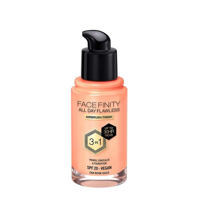 Max Factor Facefinity 3-en-1 Base de Maquillaje, Prebase y Corrector en 1 - Acabado Mate de Larga Duración - SPF 20 - Vegan - Resistente al Agua - 30 ml - Tono #64 Rose Gold