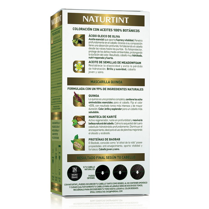 Naturtint #1N Tinte Permanente sin Amoniaco para el Cabello Color Negro Ébano con Mascarilla Quinoa 170 ml
