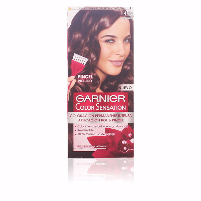 Garnier Color Sensation #4,15 Chocolate - Tinte de Cabello Permanente con 100% Cobertura de Canas, Coloración Reutilizable con Bol y Pincel, 110 gr Garnier Color Sensation #4,15 Chocolate - Tinte de Cabello Permanente con 100% Cobertura de Canas, Coloración Reutilizable con Bol y Pincel, 110 gr