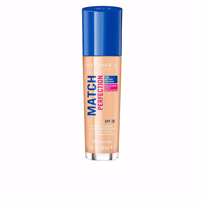 Rimmel London Match Perfection Base de Maquillaje Fluida de Cobertura Natural y Larga Duración, Tono #103 True Ivory, 30 ml, SPF 20, Cruelty Free