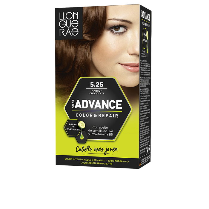 Llongueras COLOR ADVANCE Tinte Permanente de Pelo #5,25 Marrón Chocolate - 1 unidad - 100% Cobertura Canas, Color Intenso 5 Semanas, Ultra Conditioner, Ácido Hialurónico