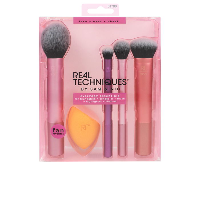 Real Techniques EVERYDAY ESSENTIALS must haves kit Set de maquillaje 5 pz RT200 Expert Face, RT400 Blush, RT402 Setting, RT300 Deluxe Crease y Miracle Complexion Sponge