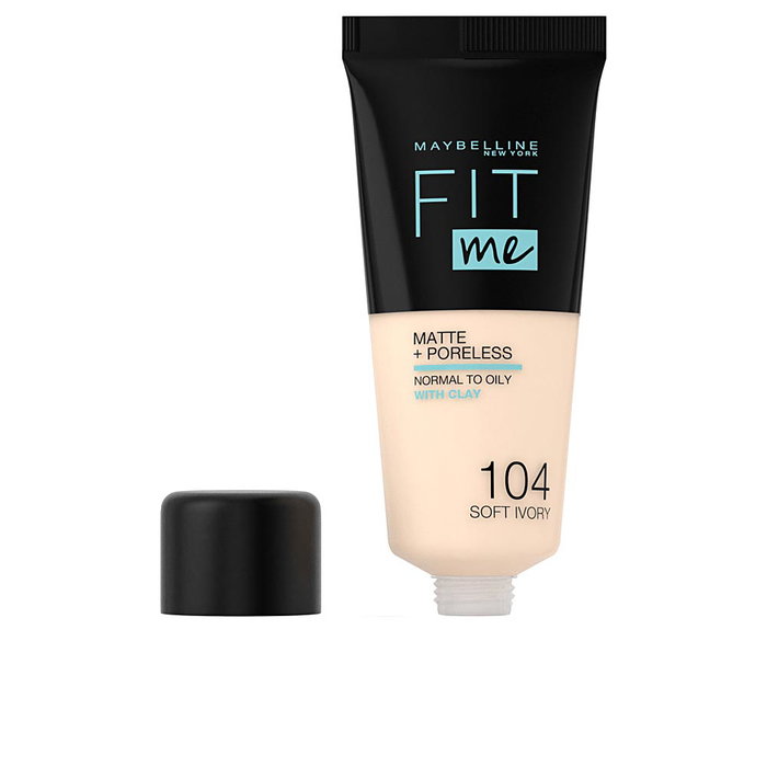 Maybelline FIT ME! Base de Maquillaje Matte + Poreless Tono 104 Soft Ivory - 30 ml - Acabado Mate y Afina Poros, Duración hasta 12h, Para Pieles Mixtas/Grasas