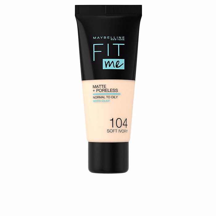 Maybelline FIT ME! Base de Maquillaje Matte + Poreless Tono 104 Soft Ivory - 30 ml - Acabado Mate y Afina Poros, Duración hasta 12h, Para Pieles Mixtas/Grasas