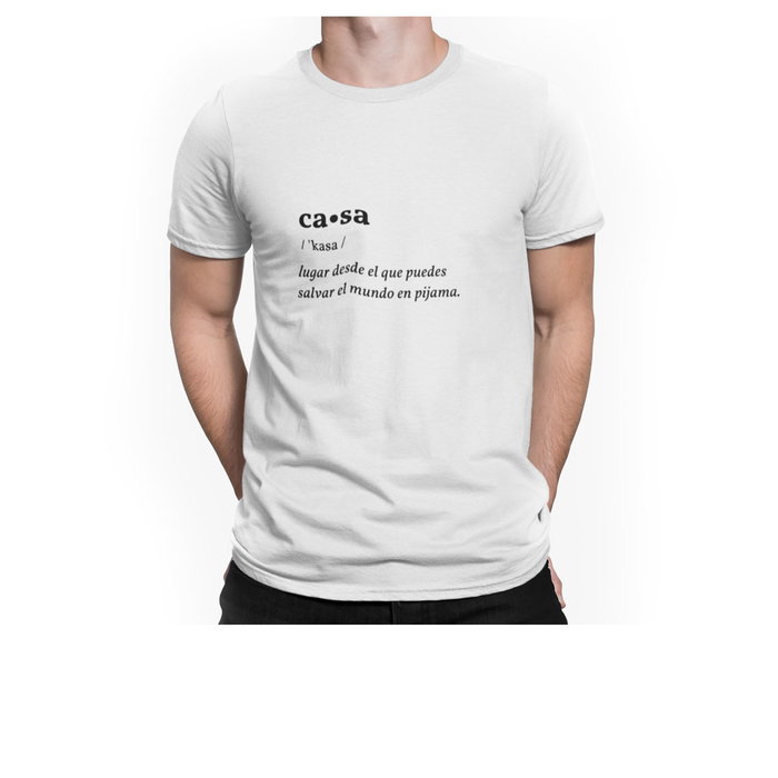 Pandemia De Valores Camiseta CASA Estampado 'Lugar desde el que puedes salvar el mundo en pijama' Unisex Algodón Orgánico Blanco Talla L