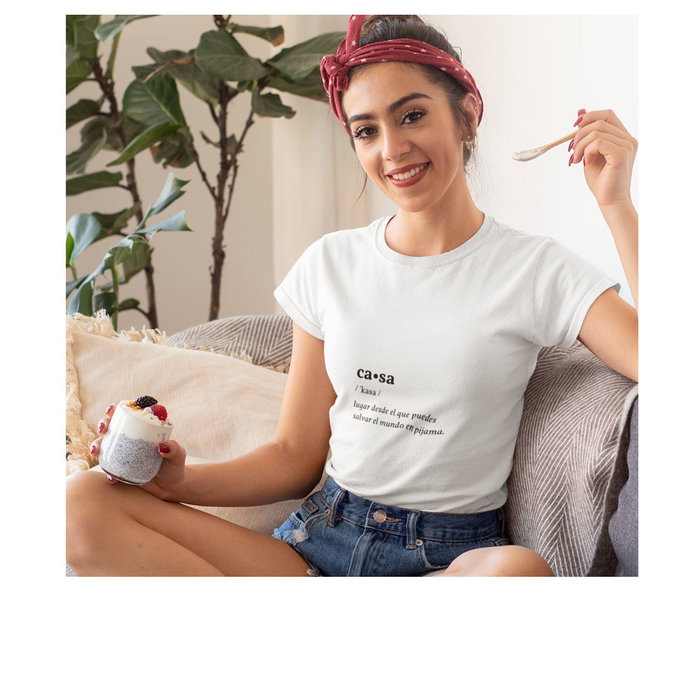 Pandemia De Valores Camiseta CASA Estampado 'Lugar desde el que puedes salvar el mundo en pijama' Unisex Algodón Orgánico Blanco Talla L